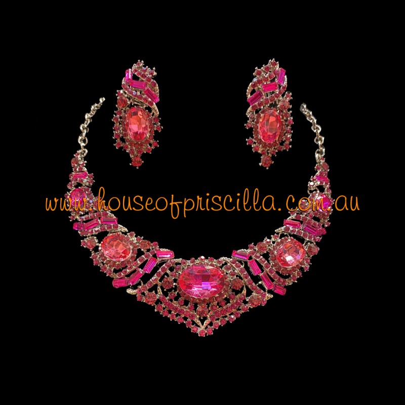 Hot Pink Crystal Diamante Jewellery Set 3