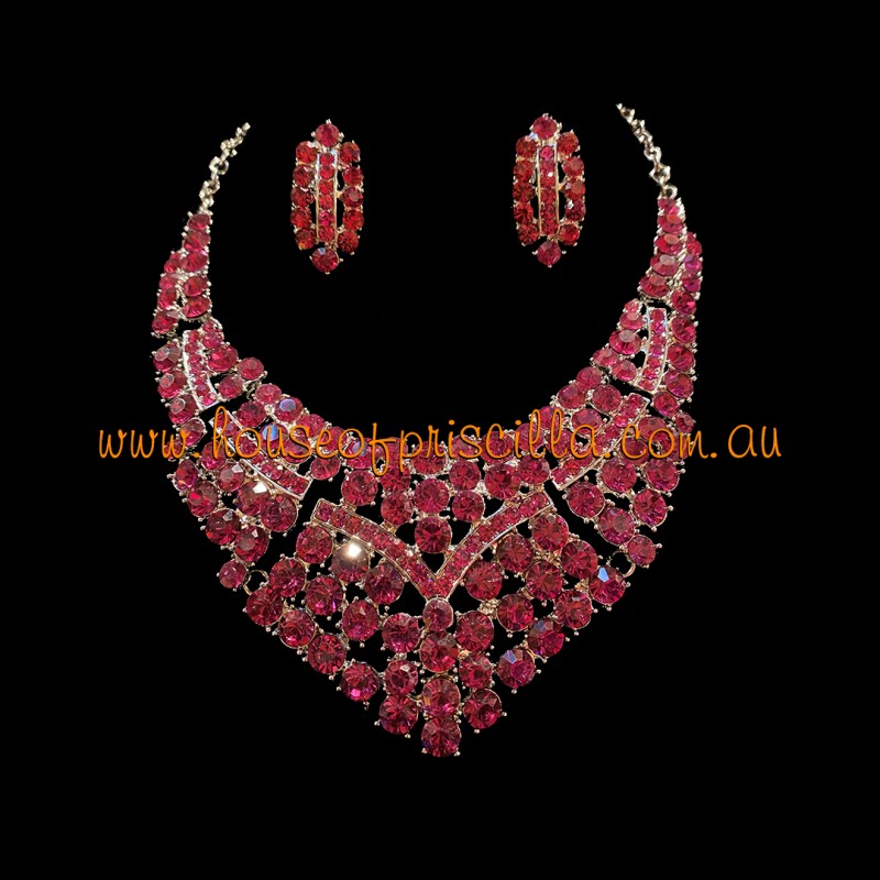 Hot Pink Crystal Diamante Jewellery Set 2