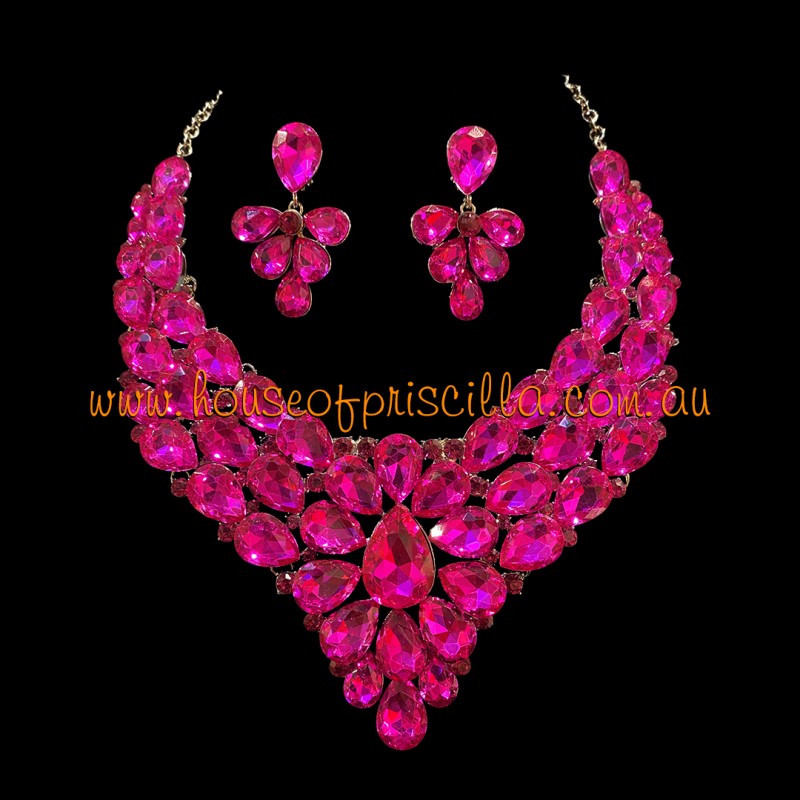 Hot Pink Crystal Diamante Jewellery Set 1