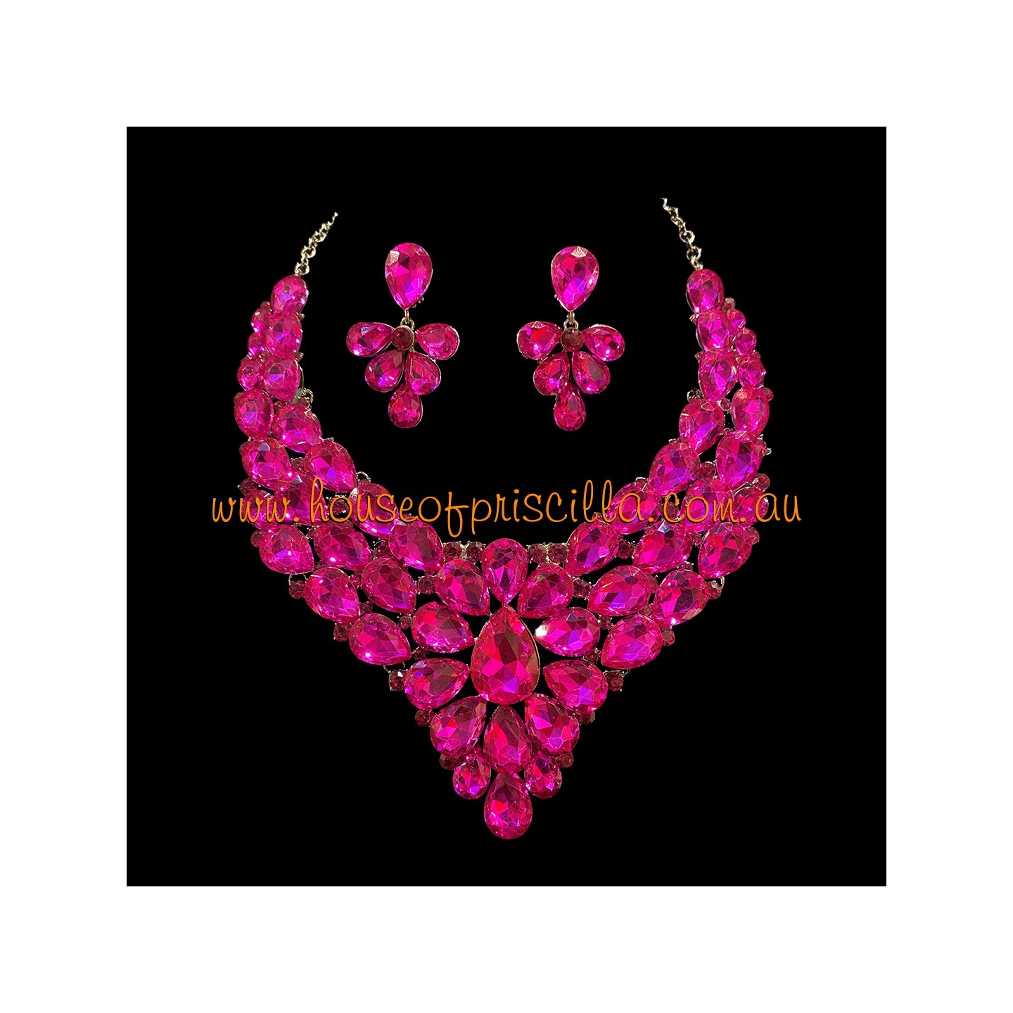Hot Pink Crystal Diamante Jewellery Set-1