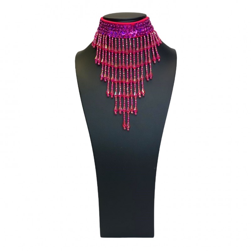 Hot Pink Sequin Choker with Beaded Fringe