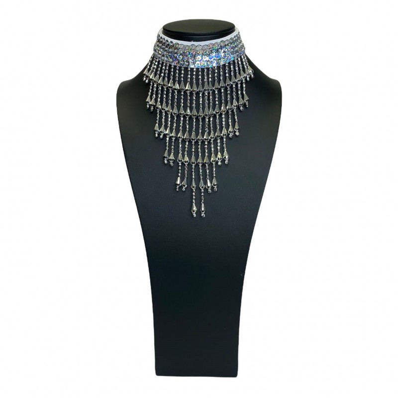 Silver Sequin Choker with Beaded Fringe