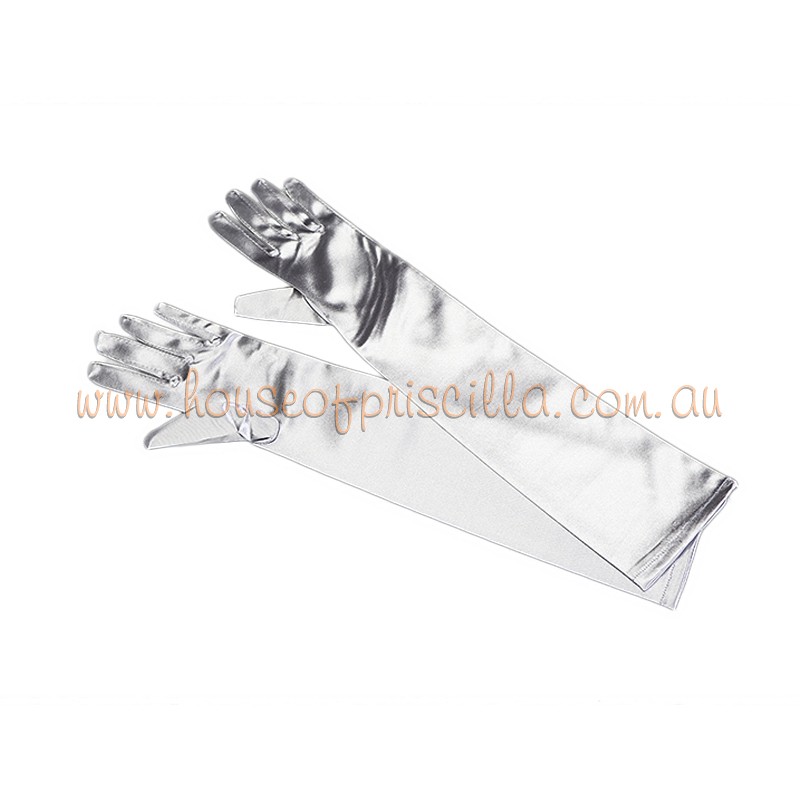 Silver Elbow Length Satin Gloves