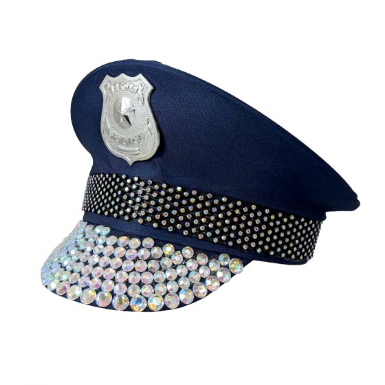 Blue Police Hat with Rhinestones on Visor