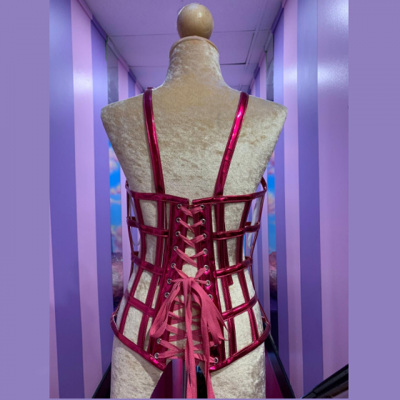 Hot Pink Vogue PVC Caged Corset with Cone Bra