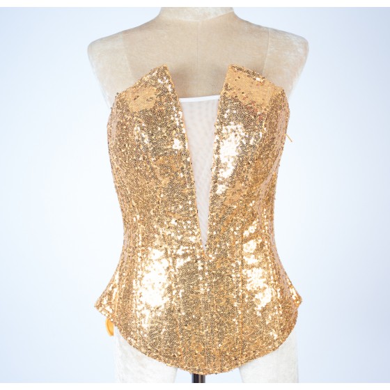 Gold Sequin Burlesque Corset with Side Zip Closure and Lace Up Back