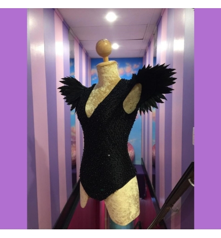 Black Sequin Beaded Bodysuit with Spike Feather Shoulder
