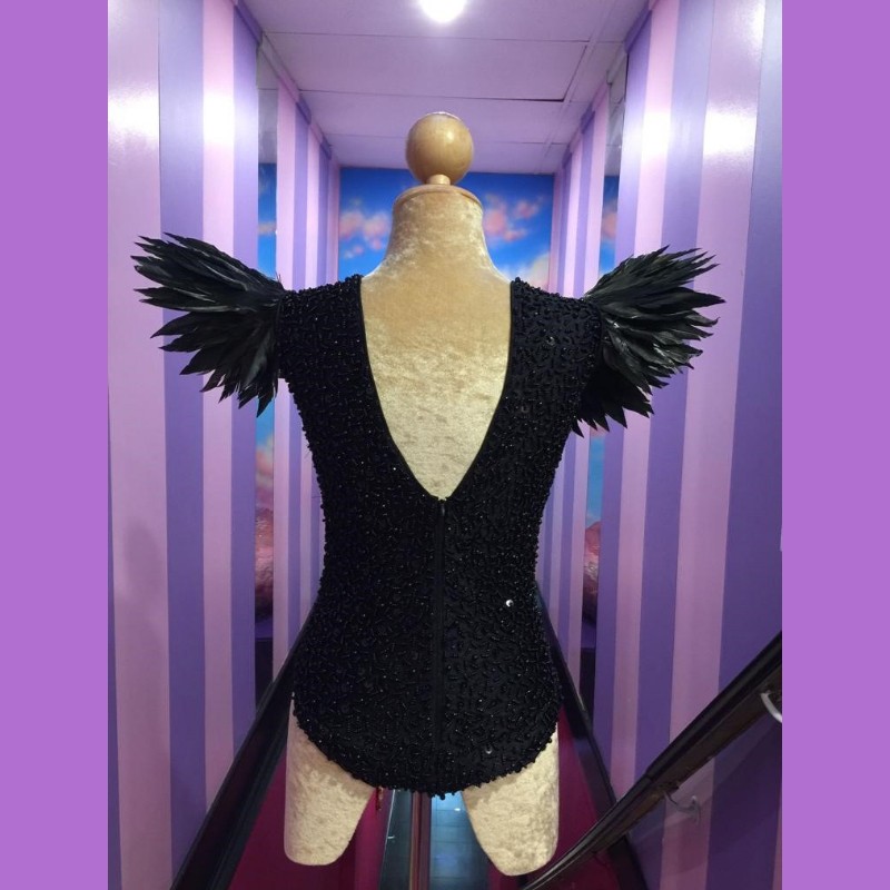 Black Sequin Beaded Bodysuit with Spike Feather Shoulder
