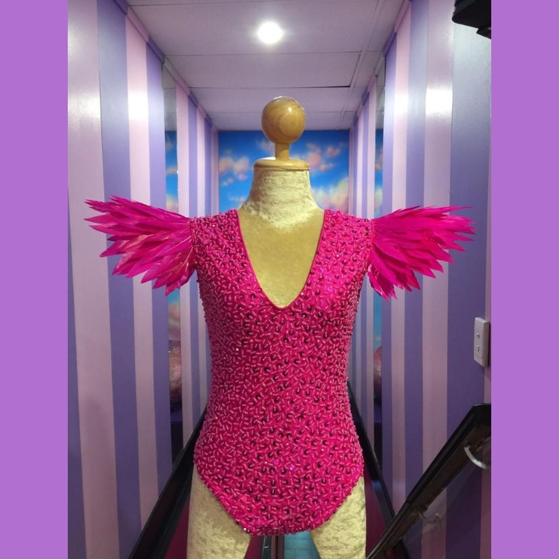 Hot Pink Sequin Beaded Bodysuit with Spike Feather Shoulder