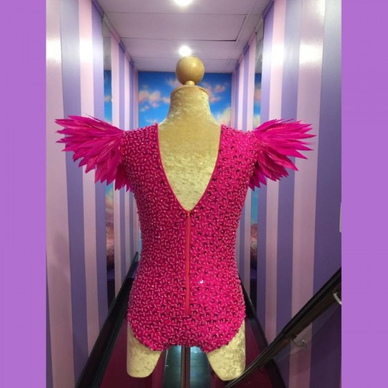 Hot Pink Sequin Beaded Bodysuit with Spike Feather Shoulder