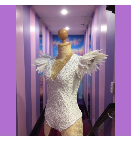 White Sequin Beaded Bodysuit with Spike Feather Shoulder