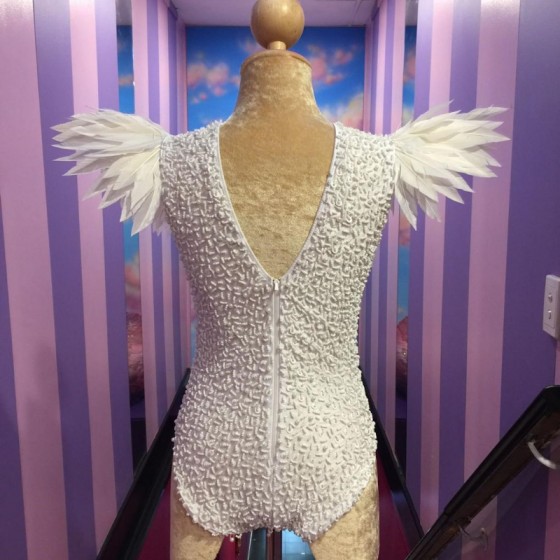 White Sequin Beaded Bodysuit with Spike Feather Shoulder
