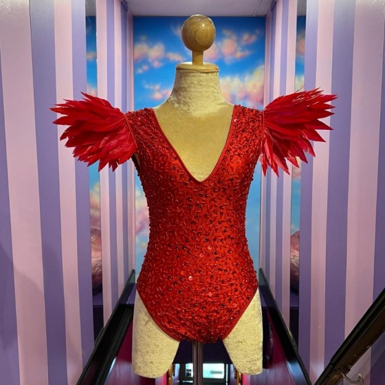 Red Sequin Beaded Bodysuit with Spike Feather Shoulder