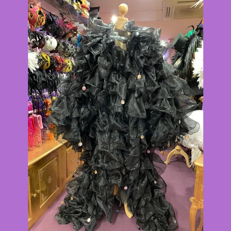Black Crystal Organza Ruffle Jacket with Penny Sequins