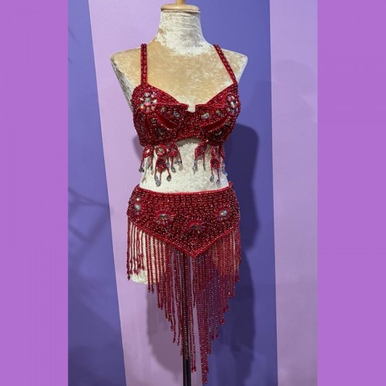 Red Samba Sequin Skirt with Mixed Bead Trim