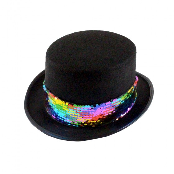 Black Top Hat with Rainbow Sequin Sash