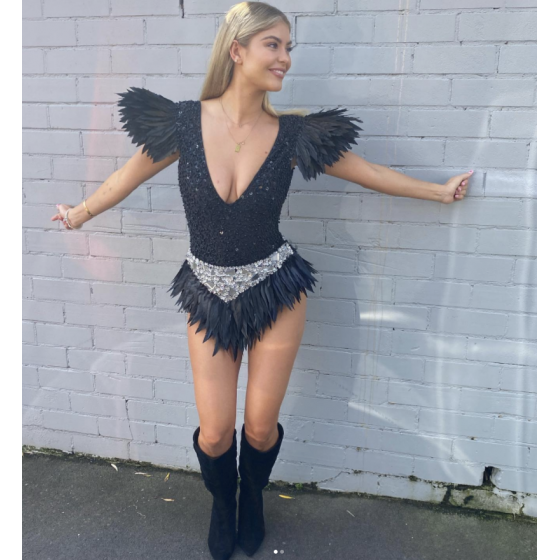 Black Sequin Beaded Bodysuit with Spike Feather Shoulder