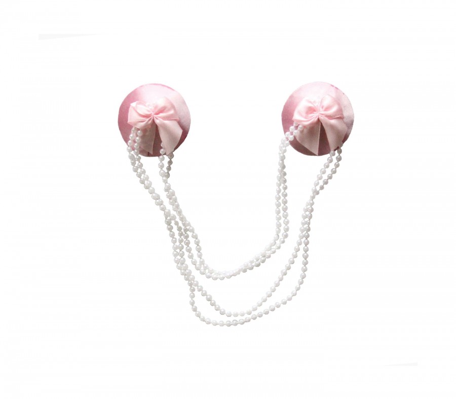 Pink Satin Pasties with Bow and Beaded Chain