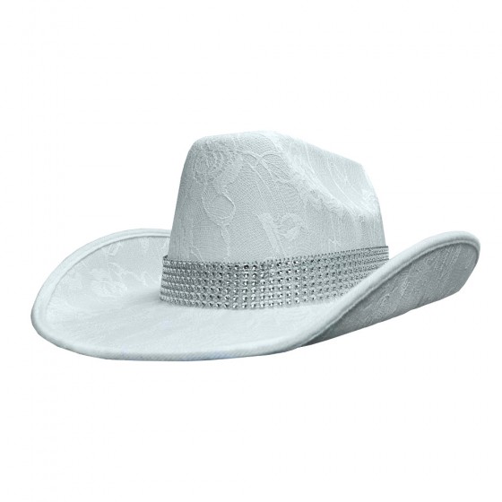 White Lace Cowboy Hat with Diamante Trim