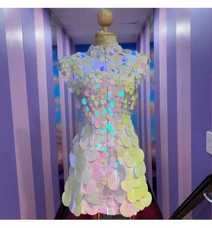 Pastel White Coin Sequin on White Zip Front Dress