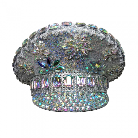 Silver Festival Cap with Crystal Flowers