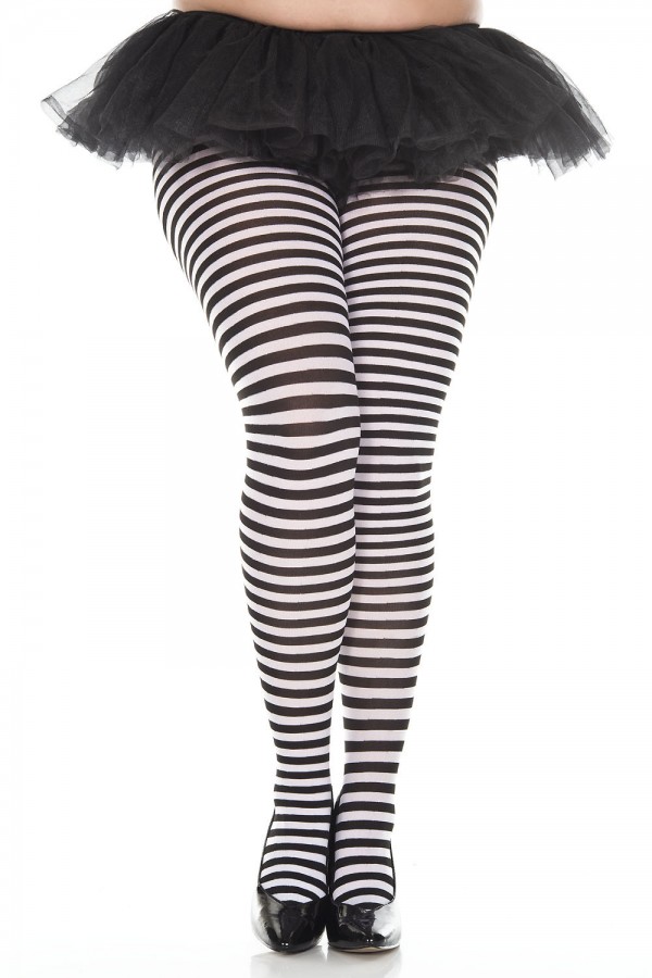 Womens Wide Striped Stockings  Black and White Full Length Pantyhose