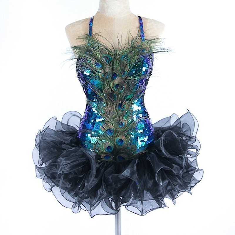 Peacock Low Back Feather Sequin Ruffle Dress
