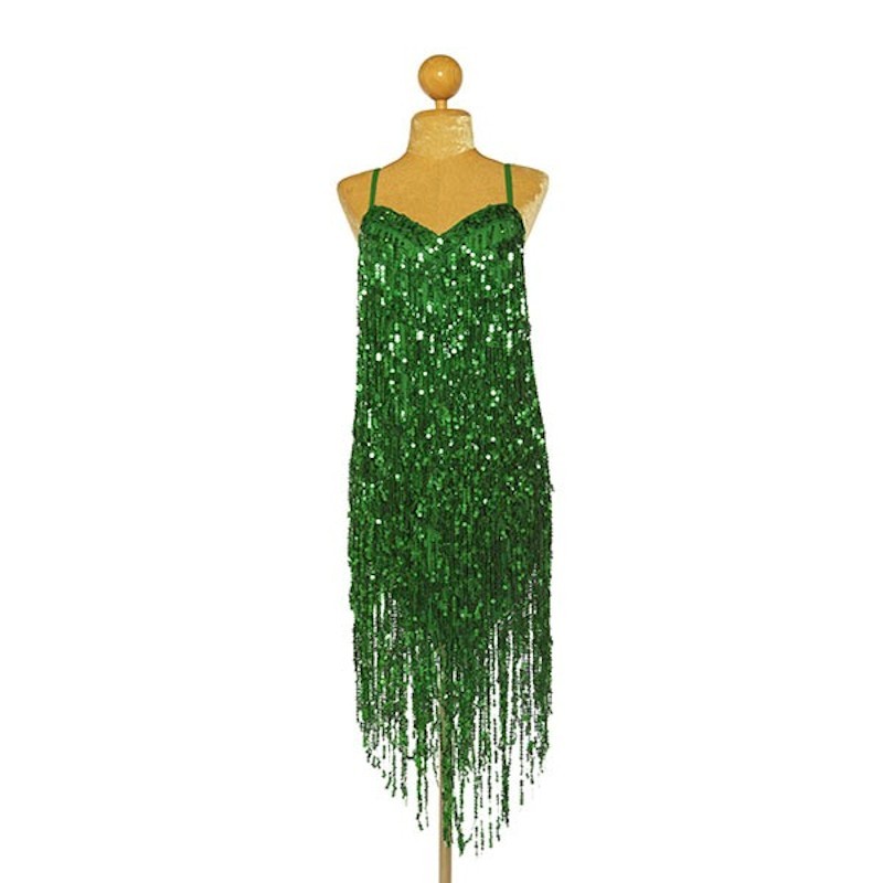 Dark Green Sequin Fringe V-Hem Dress