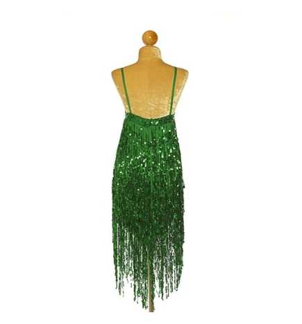 Dark Green Sequin Fringe V-Hem Dress