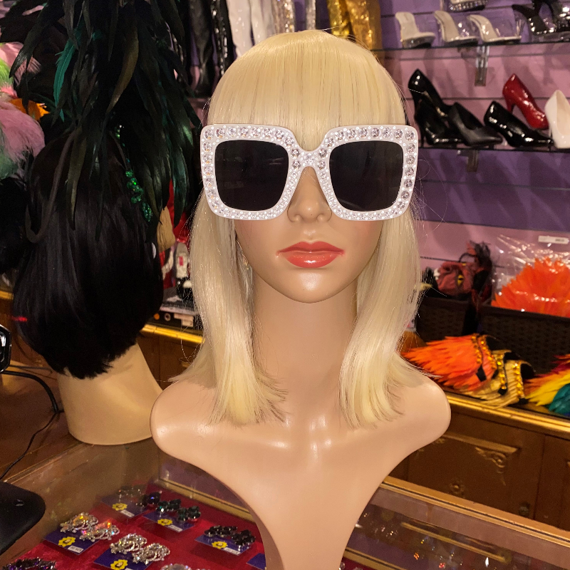 White Oversized Square Diamante Trim Sunglasses