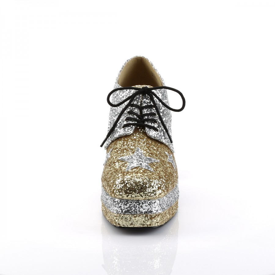 Glamrock 02 Stacked Platform Shoe Silver-Gold Glitter Oxford Funtasma