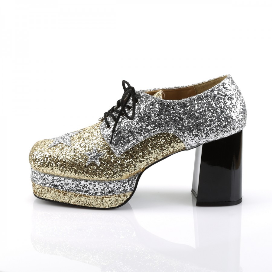Glamrock 02 Stacked Platform Shoe Silver-Gold Glitter Oxford Funtasma