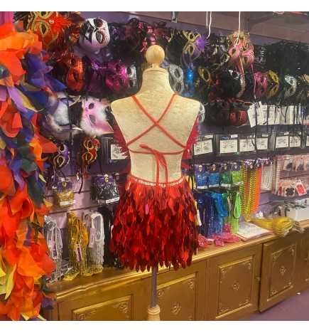 Red Low Back Deluxe Spiked Feather & Oval Cut Sequin Dress