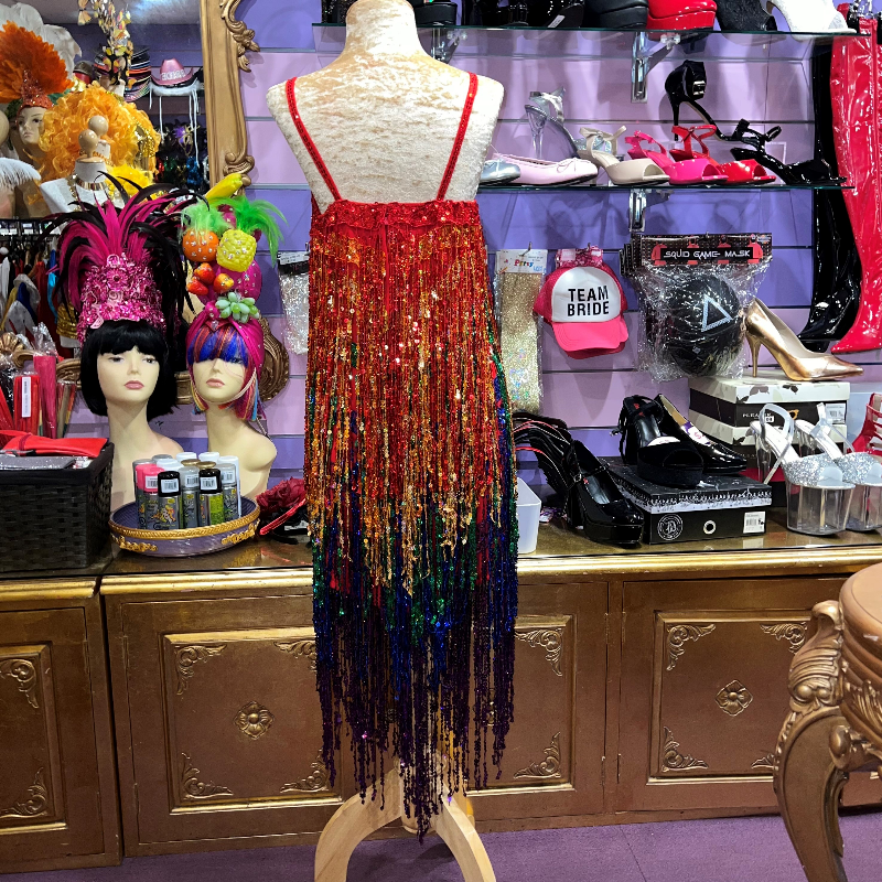 Rainbow Sequin Fringe V-Hem Dress
