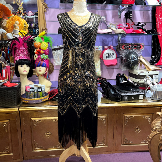 Black and Gold Deluxe Vintage Gatsby Stretch Fringe Dress