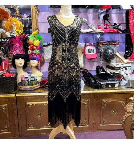 Black and Gold Deluxe Vintage Gatsby Stretch Fringe Dress