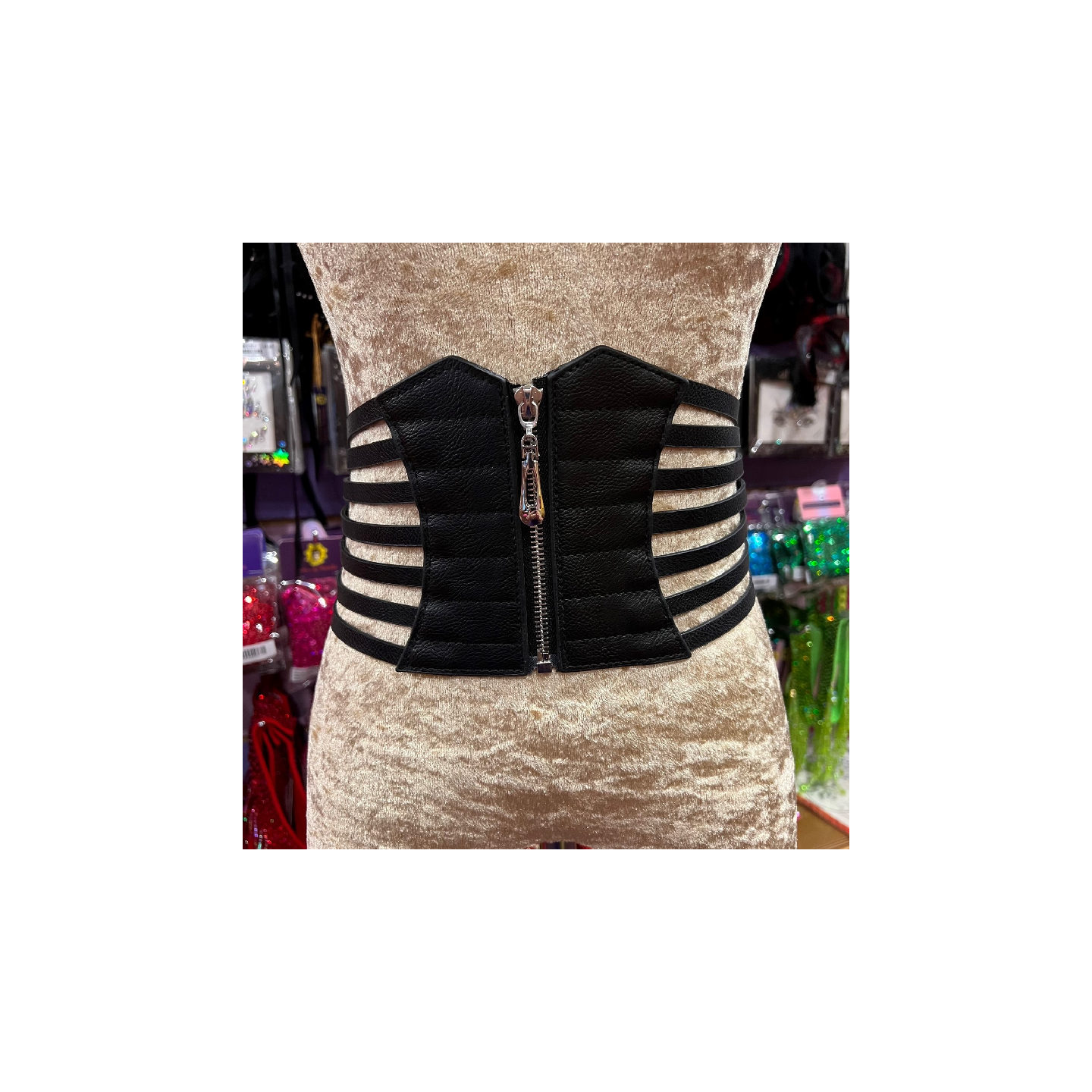 Black Matt PVC Belt Zip Front Closure