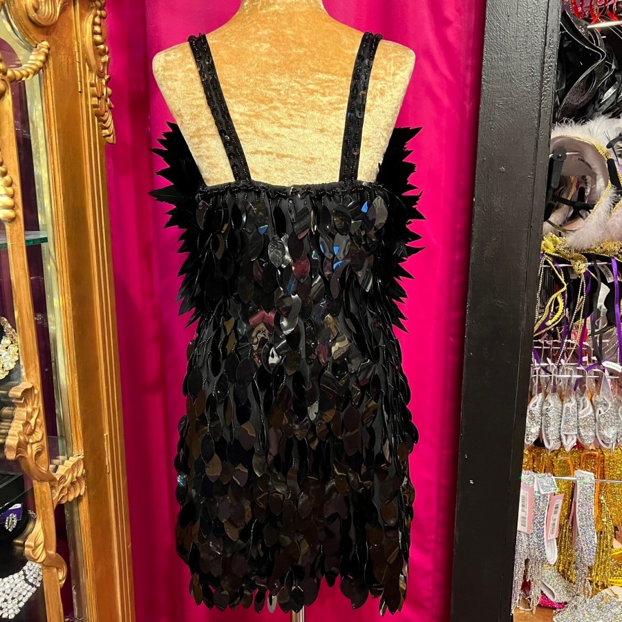 Black High Back Deluxe Spiked Feather and Oval Cut Sequin Dress