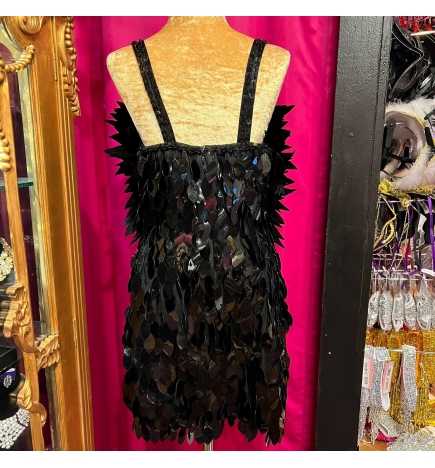 Black High Back Deluxe Spiked Feather and Oval Cut Sequin Dress