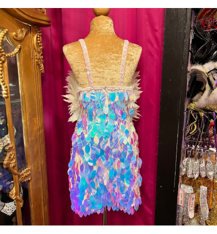 White High Back Deluxe Spiked Feather and Oval Cut Sequin Dress