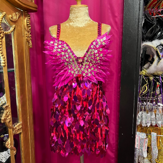 Hot Pink High Back Deluxe Spiked Feather and Oval Cut Sequin Dress