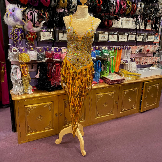 Gold Electra High Back Mirror Beaded Sequin V-Line Dress