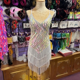 White and Silver Teardrop Sequin Stretch Dress with Fringe