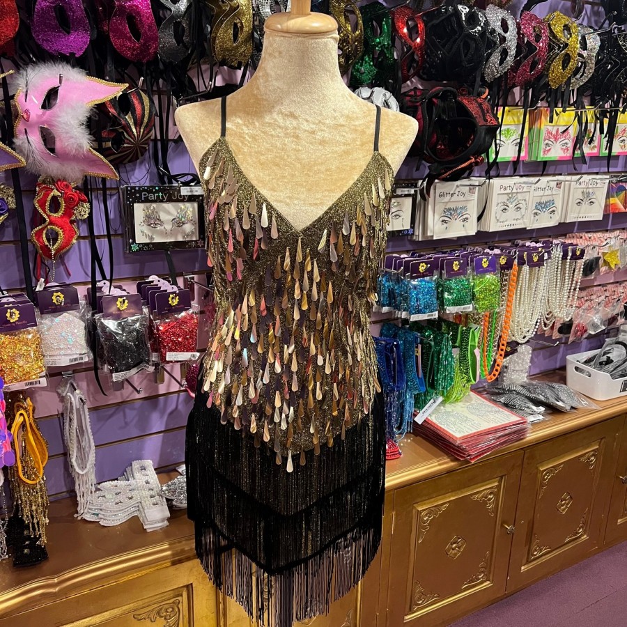 Gold and Black Teardrop Sequin Dress with Fringe