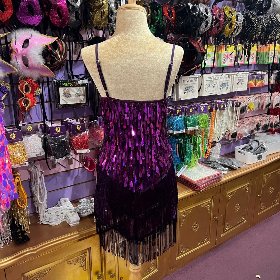 Dark Purple Teardrop Sequin Stretch Dress with Fringe
