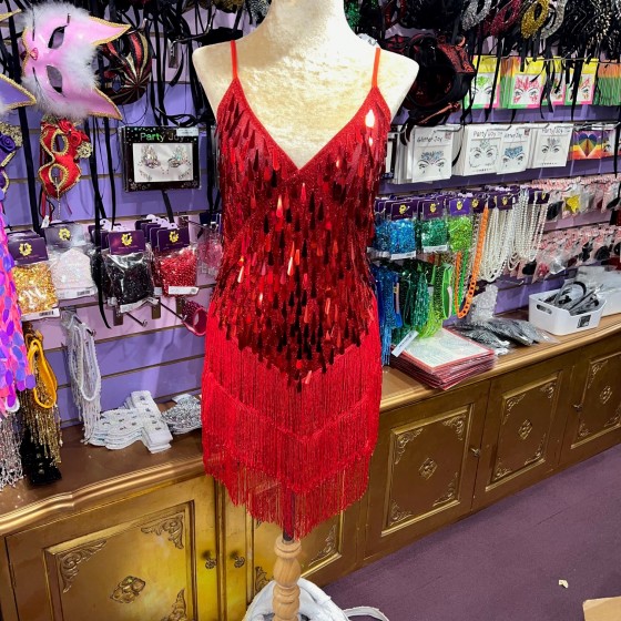 Red Teardrop Sequin Dress with Fringe