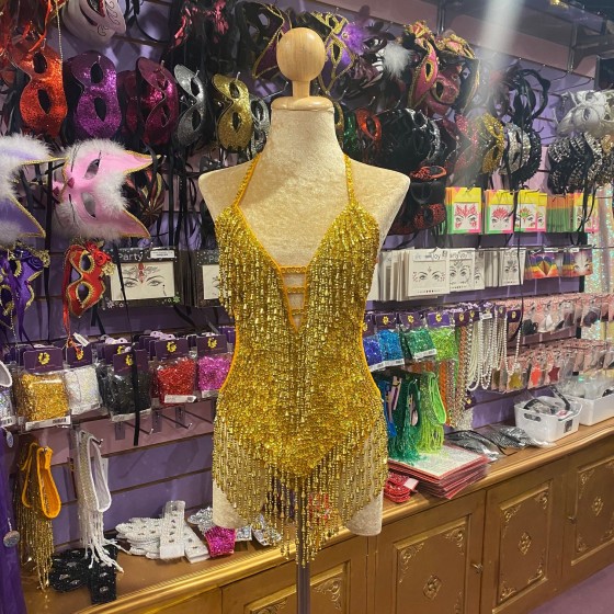 Gold Showgirl Sequin Bodysuit with Beaded Fringe