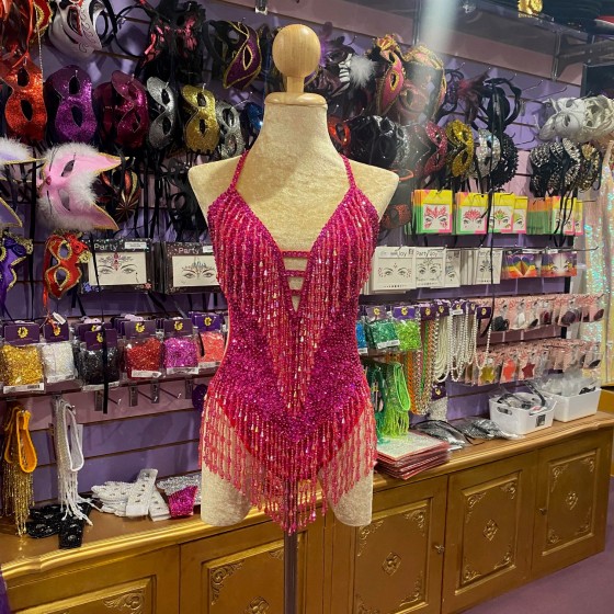 Hot Pink Showgirl Sequin Bodysuit with Beaded Fringe