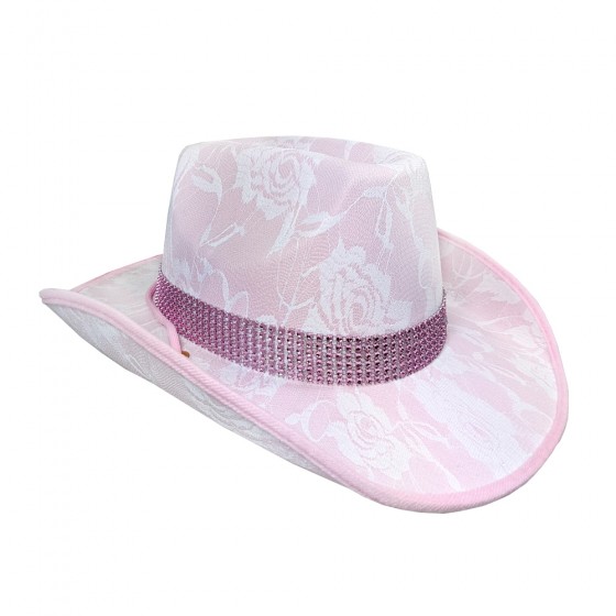 Pink Lace Cowboy Hat with Diamante Trim