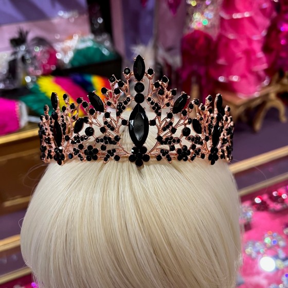 Rose Gold Floral Tiara with Black Crystal Stones